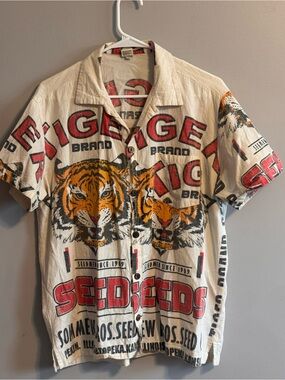 Tiger Brand Seeds Graphic Button Up Shirt Men’s M Seed Sack Workwear